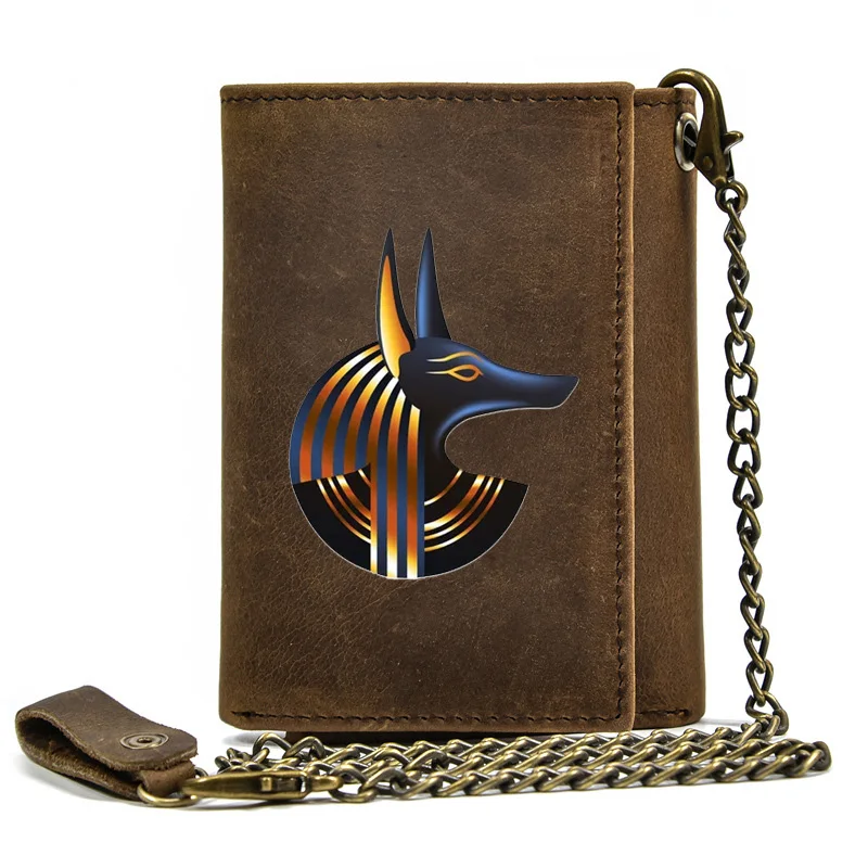 

Genuine Leather Men Wallet Anti Theft Hasp With Iron Chain Ancient Egypt Anubis Design Cover Card Holder Rfid Short Purse BT3669