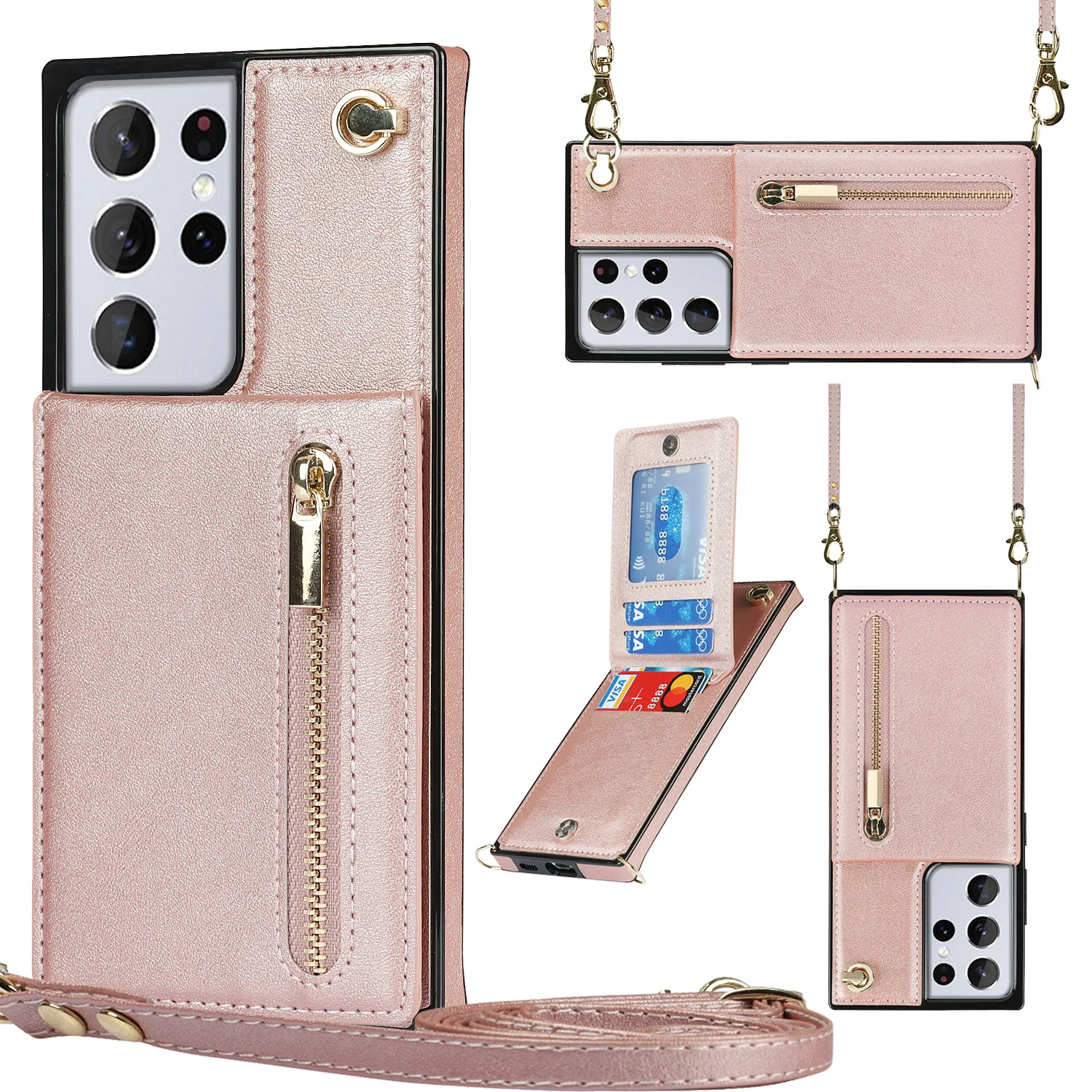 

Leather Case for Samsung Galaxy S22ultra S21plus Wallet Zipper Phone Case with Lanyard S20FE Note20ultra Protective Cover