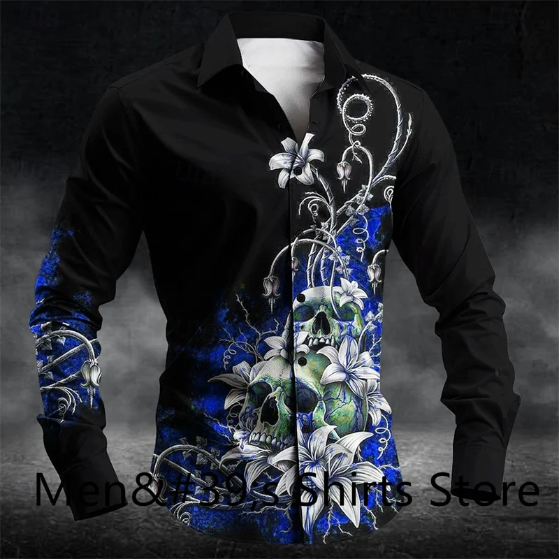 Рубашка мужская с длинным рукавом блуза цветочным принтом черепа на пуговицах
