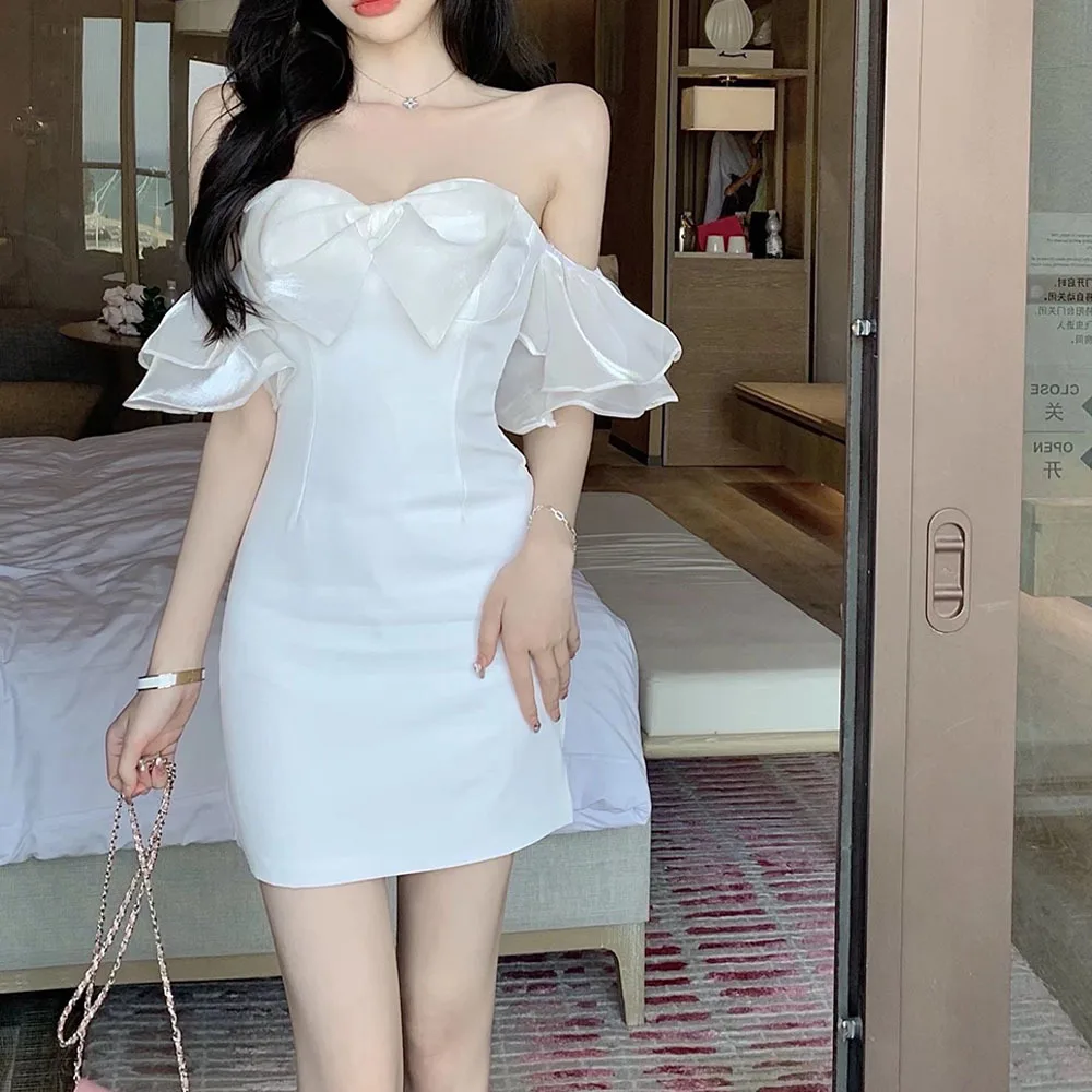 

2023 Summer New One-word Collar Women's Dress Sexy Off Shoulder Puffy Yarn Party Dresses Bow Tube Top White Fashion Mini Dress