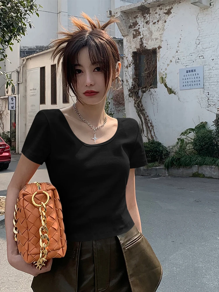 

GG0020 Summer dark green U-neck short sleeve T-shirt women's tight thread BM small low neck half sleeve white short top fashion