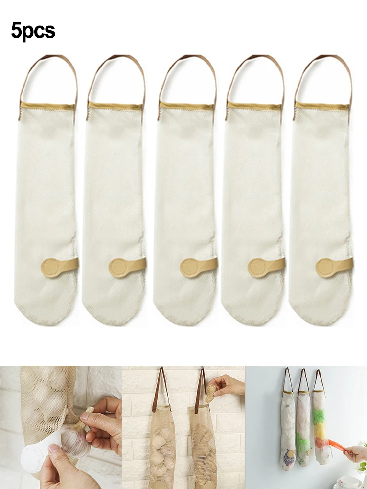 

5pcs Breathable Hanging Mesh Onion Bags Mesh Garlic Net Bags Reusable Polyester Net Storage Organizer Kitchen Accessories