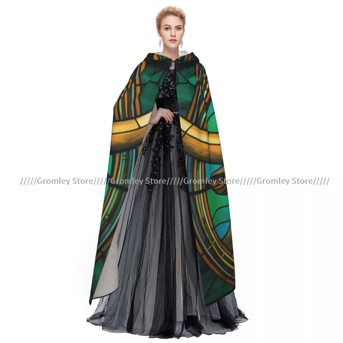 Длинный халат ведьмы с капюшоном в стиле витражного стекла накидкой быка на