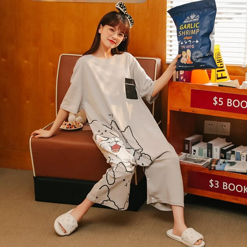 Onesie Pajamas Women's Summer Cotton Short-Sleeved Thin Student Cute Nightdress Short Sleeve