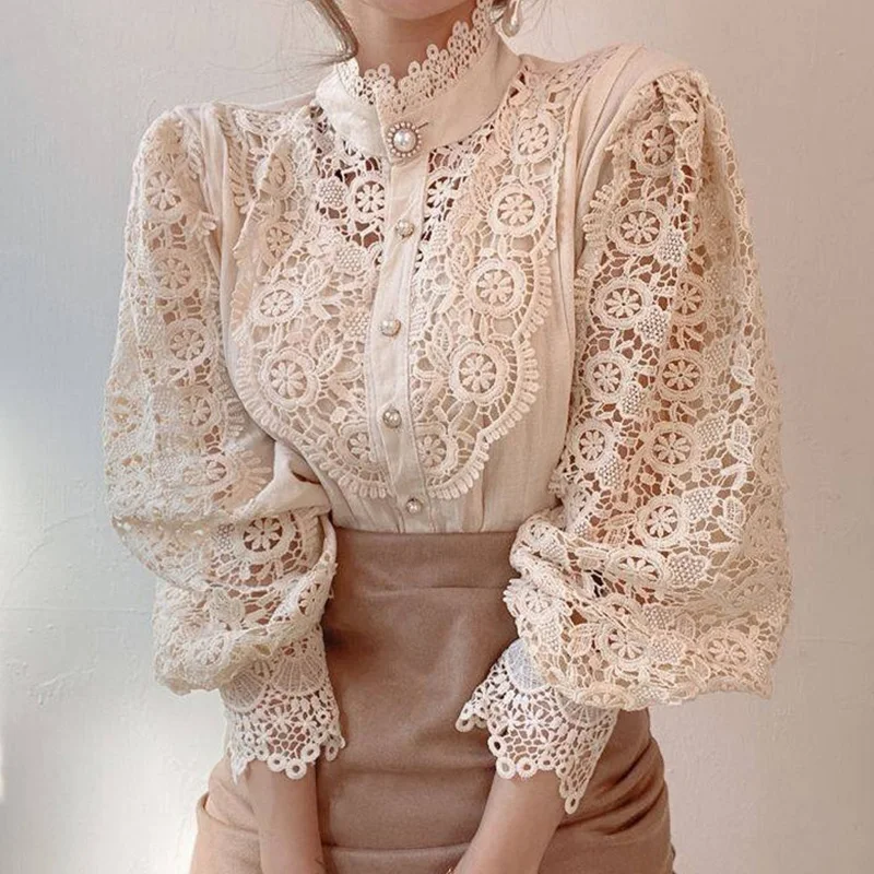 

Ro New Vintage White Lace Blouse Shirts Women 2023 Korean Button Loose Shirt Tops Female Hollow Casual Ladies Blouses Blusas