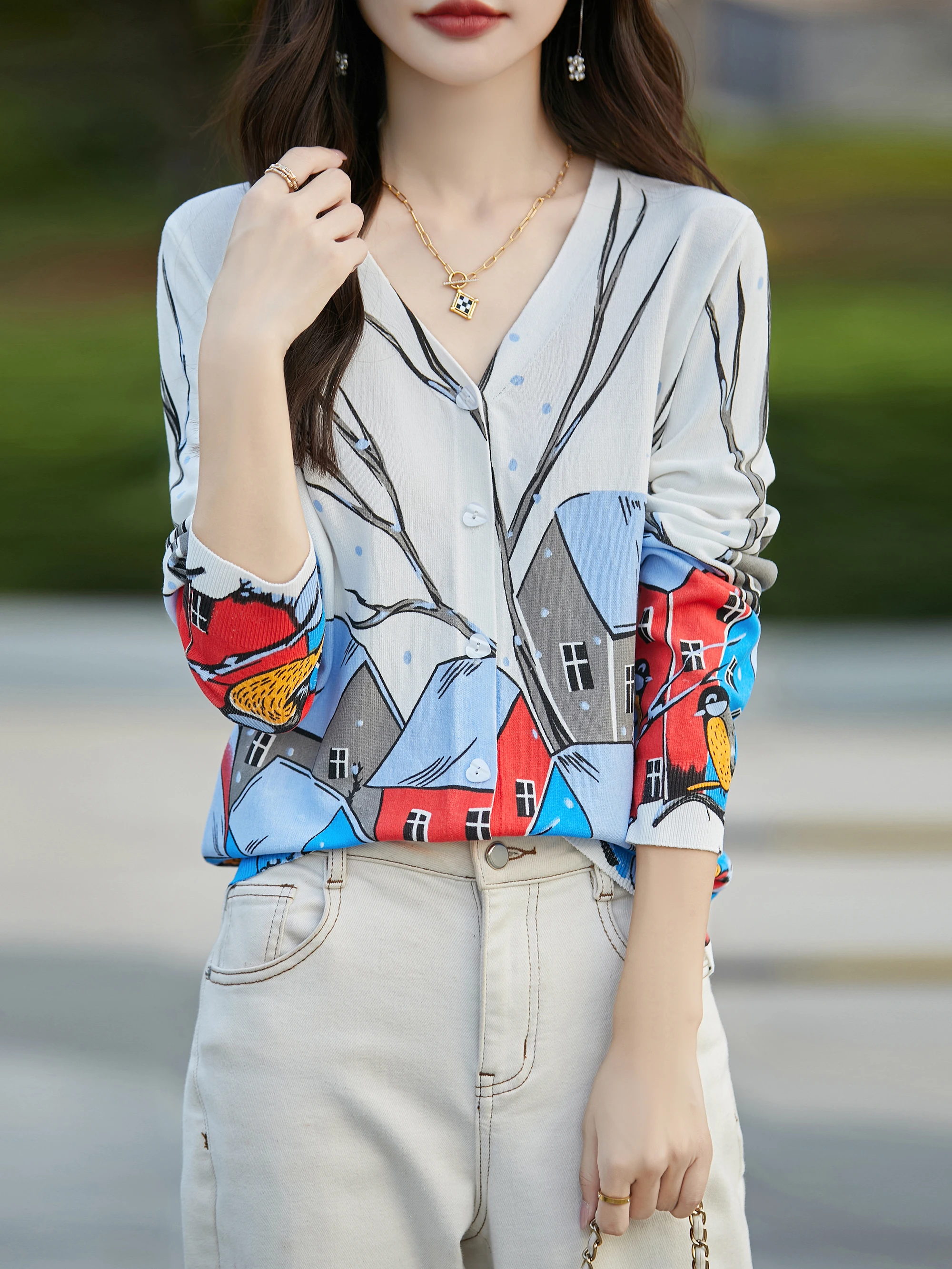 Женский трикотажный кардиган с длинным рукавом и V-образным вырезом