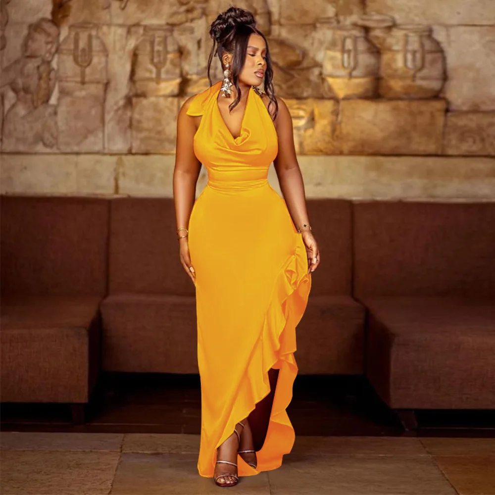 

Vssjavun 2023 осенние платья для женщин атласное платье с воротником хомутом и оборками с разрезом и открытой спиной вечернее платье Vestidos повседневное женское платье Макси