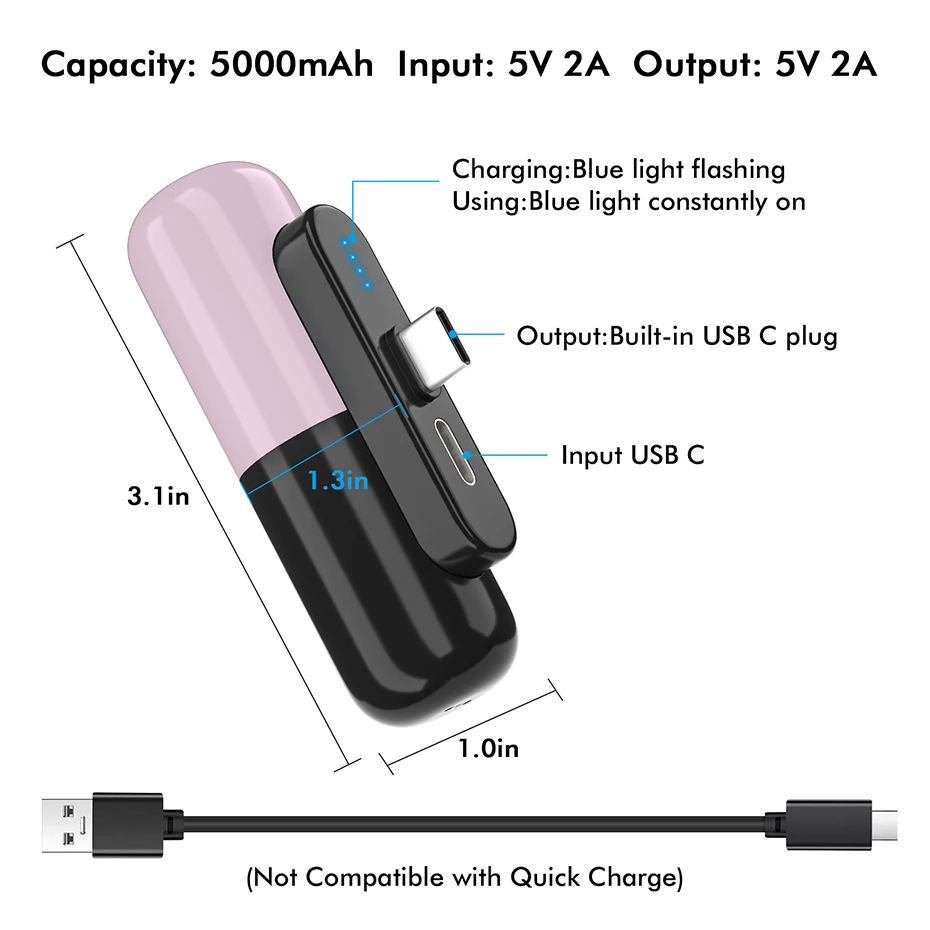 5000mAh Capsule Power Bank For VR Oculus Quest 2 Accessories Type-C Charger Portable Emergency Battery Pack Charging 1 |