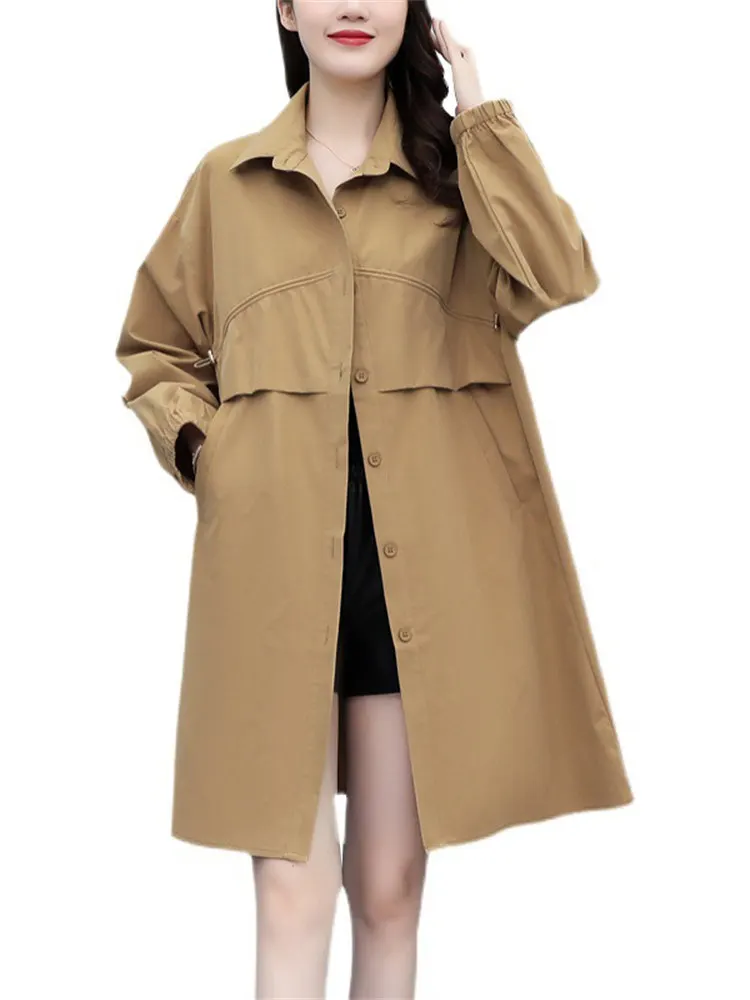 

2022 Spring New Korean Version Thin Slim Jacket Women Casual Temperament Mid-length Drawstring Waist Trench Coat Female N1572