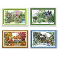 printed cross stitch kits spring summer autumn and winter scenery beautiful views of rural cottages cross stitch kits scenic