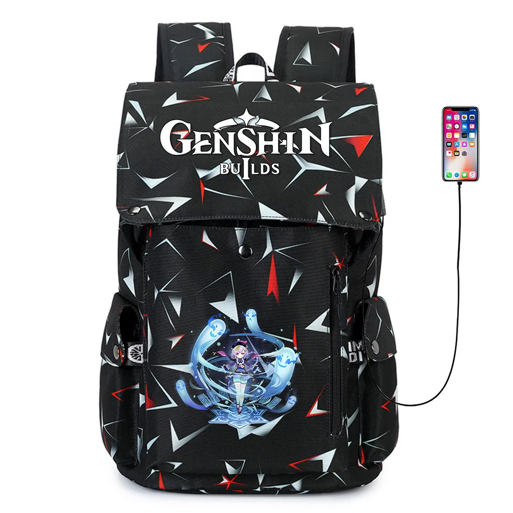 

Ударопрочный рюкзак Genshin с принтом, дорожная сумка для ноутбука с USB-зарядкой, школьный портфель с мультипликационным рисунком для студенто...