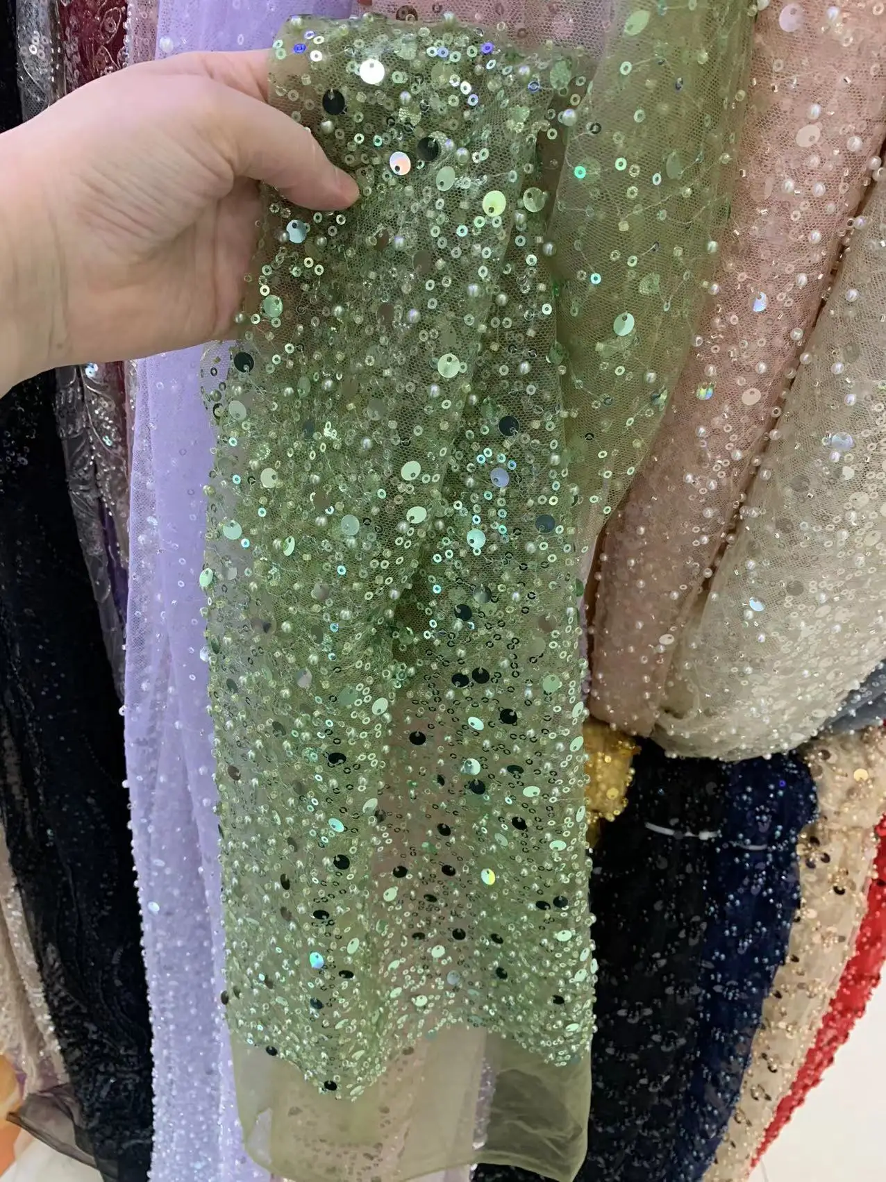 

Green Wedding 5 Yards Luxury French Bridal Couture Sequin Embroidery Beads Tulle Lace For Sawing Dress/Gown/Party Occasion