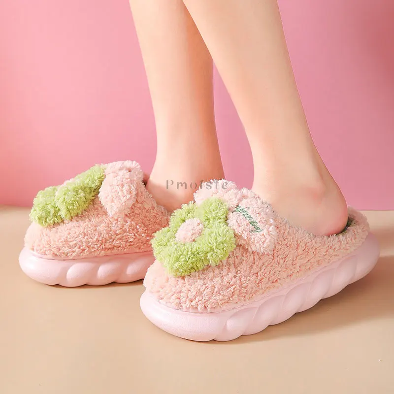 Furry Winter House Slippers for Women Thick Sole Shoes Mix-Color Flower Woman Bedroom Slippers Warm Plush Indoor Slippers Female