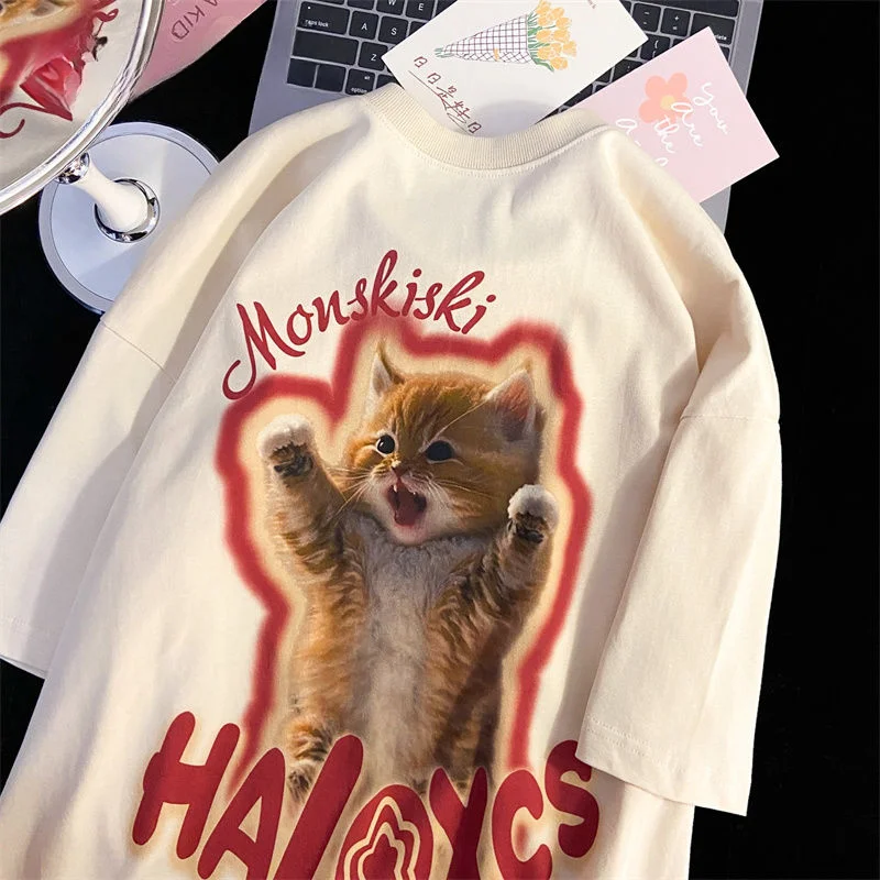 

Women Cartoon T-Shirts 2023 Summer Harajuku Kawaii Cat Printed Short Sleeve Tees Female Couple Streetwear Loose Clothes Y2K Tops