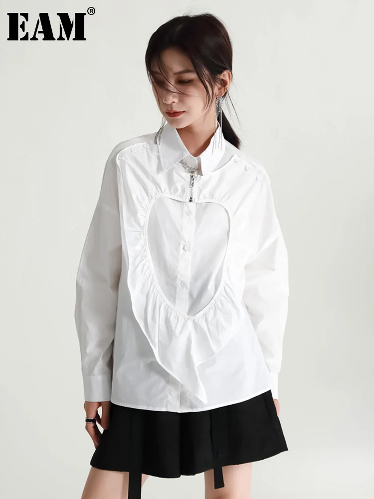 

[EAM] Women White Ruffles Big Size Casual Blouse New Lapel Long Sleeve Loose Fit Shirt Fashion Tide Spring Autumn 2023 1DF1853
