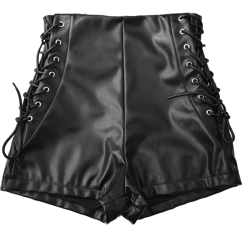 Черные сексуальные кожаные шорты с высокой талией для женщин, эластичные кожаные шорты с завязками без карманов