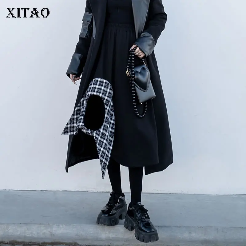 

XITAO/черная Лоскутная Асимметричная юбка с вырезами и эластичной резинкой на талии; Новинка 2021 года; Зимняя Повседневная модная универсальна...