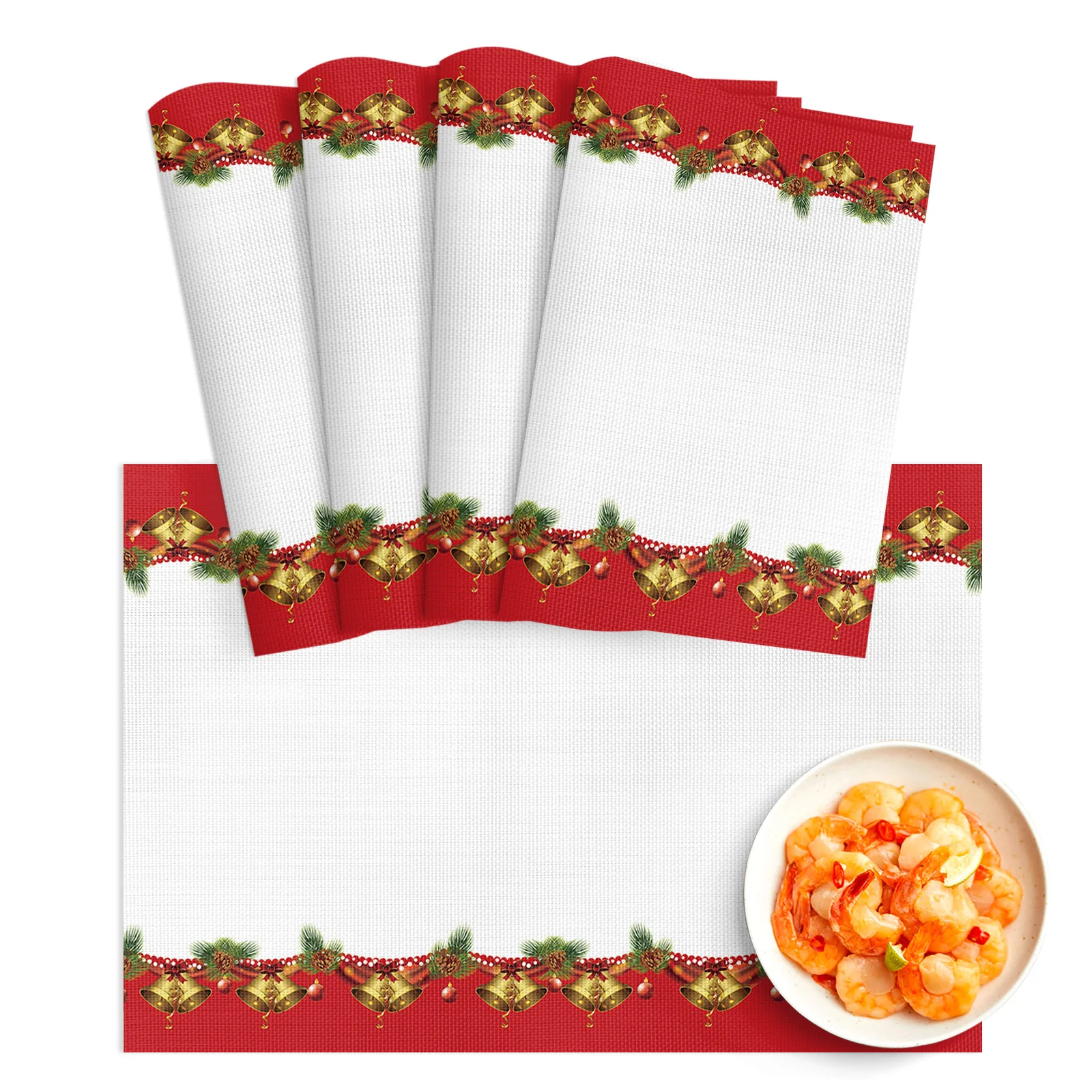 

4/6pcs Placemat Christmas Bells Pine Branches White Restaurant Kitchen Accessories PVC Dining Table Mats Disc Bowl Coaster Pad