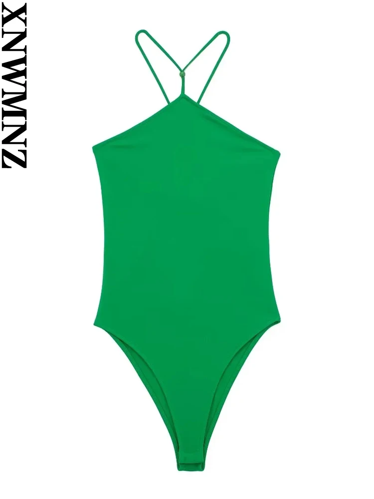 

XNWMNZ 2023 женское модное боди с лямкой на шее, Женское боди в стиле High Street с тонкими бретельками и открытой спиной, облегающий Универсальный женский шикарный боди