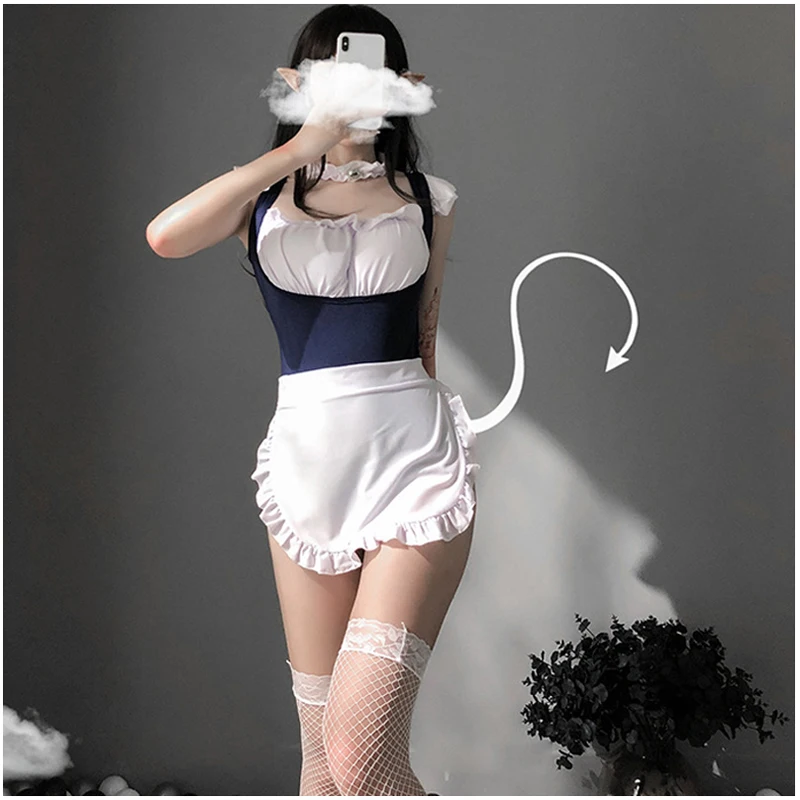 

Новинка 2021, сексуальная одежда для взрослых, костюм горничной для косплея, Кружевной Фартук с лямкой на шее, Сексуальное Женское боди, кавай...