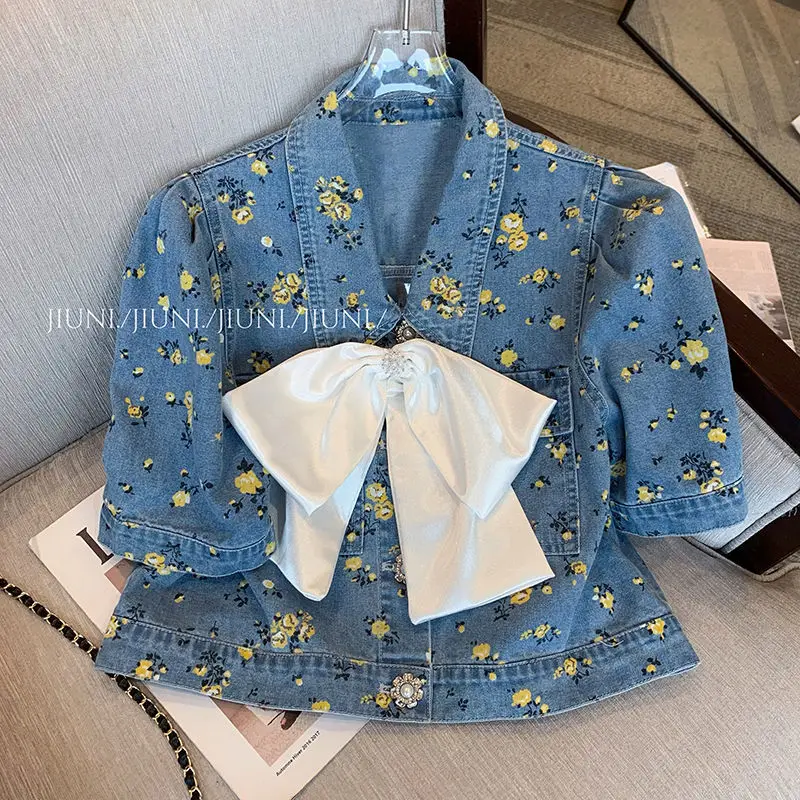 Nomikuma Цветочные джинсовые женские комплекты из двух частей шикарные Короткие