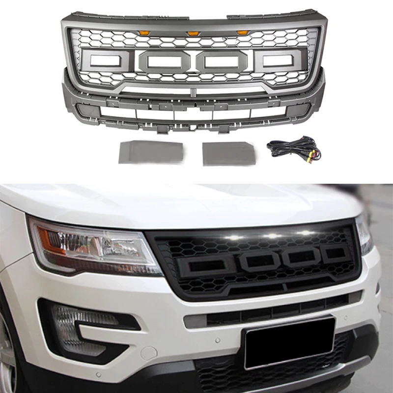 Car Grille Fit Ford Explorer 2016 2017 2018 Grille with Raptor Logo Front Face Modification with Lights High Quality Grille