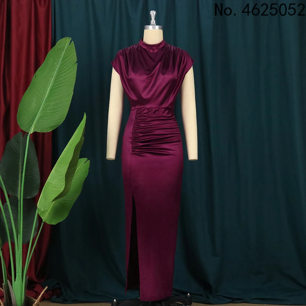 

Burgundy Pleated Satin Long Dress Women Elegant Slit High Collar Slim Sleeveless Maxi Robes Female Oversized Party 2022 Summer