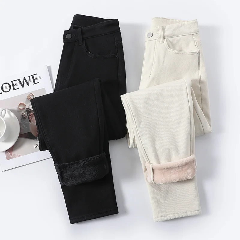 

New Winter Fleece Women Thermal Harem Straight Jeans Snow Warm Plush Vintage Jeans Streetwear Pants Russia Mom Loose Trousers