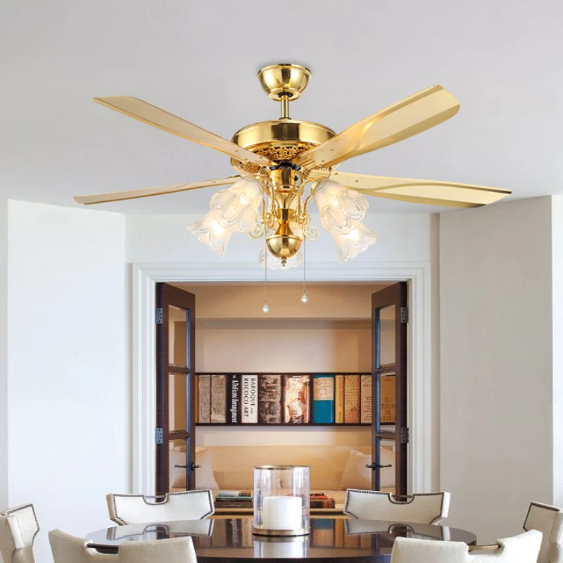 

Vintage Ceiling Fans Pull Rope Switch Golden Led Lighting Hme Decor for Living Room Bedroom Dining Tables E27 Ceiling Fans Lamp
