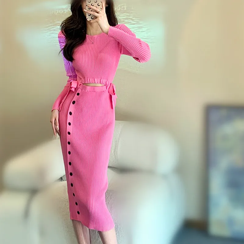 

Dresses Y2K Chic Women's Elegant Knitting Long Sleeve Hollow Out Sexy Lace Up Cut Simple Slim Young Ladies Base Party Dress NS04