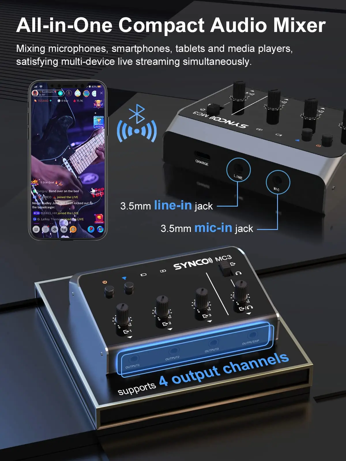 SYNCO MC3 Audio Mixer 4-Channel Portable Stereo Line Mixer Cfor Microphones Smartphones Tablets Mini Earphone Splitter enlarge