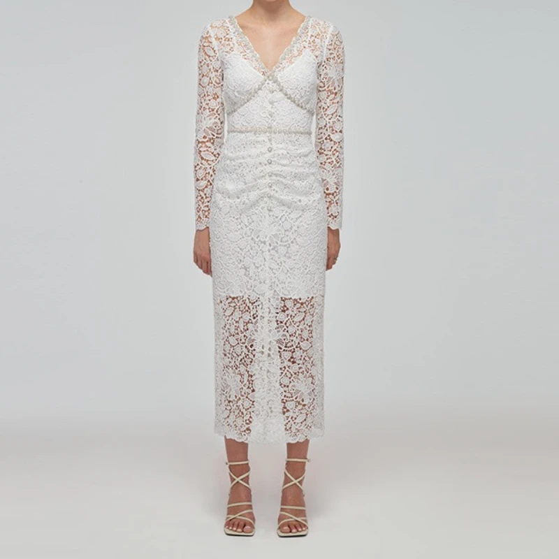 

Женское винтажное платье средней длины, элегантное белое ажурное платье с длинным рукавом, цветочным узором и вышивкой из жемчуга, весна-лето 2023