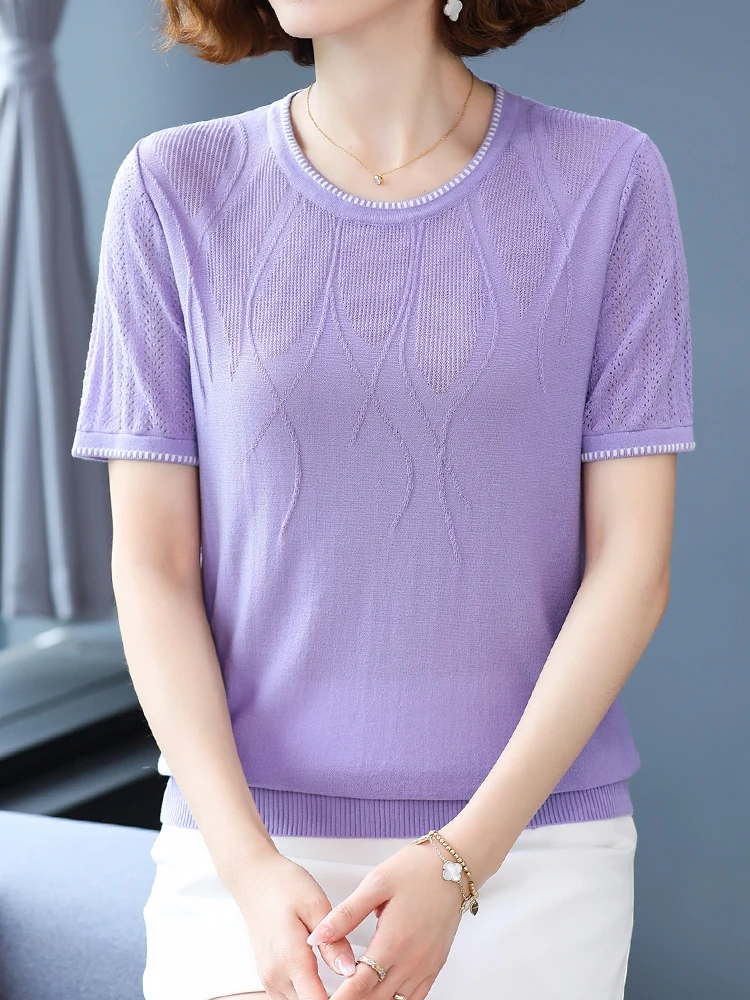 

Short Sleeve Women Sweater Pullover 2022 Summer Korean Fashion Pull Femme Casual Knitted Tops Hollow Thin T-Shirts