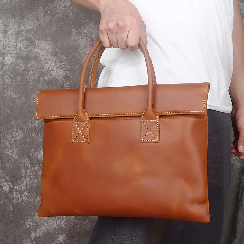 

Мужская кожаная сумка Crazy horse в стиле ретро, деловой портфель из воловьей кожи, повседневный тоут с верхним слоем для ноутбука 15 дюймов