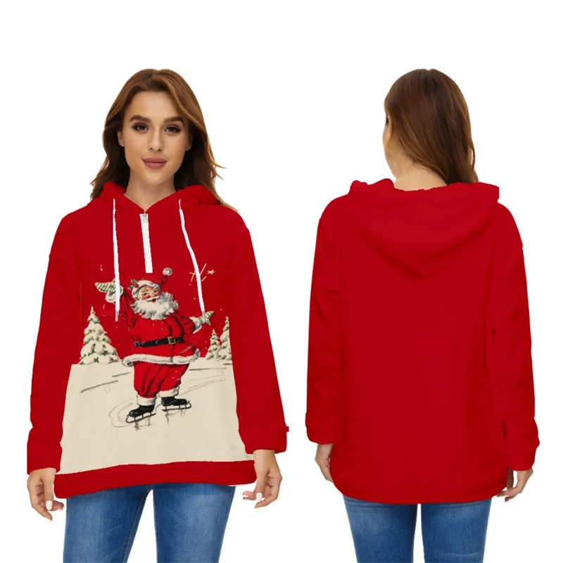 

Winter Autumn Women Plush Half-zip Hooded Sweatshirt Santa Claus Print Fleece Hoody Christmas Sweat Femme Coat