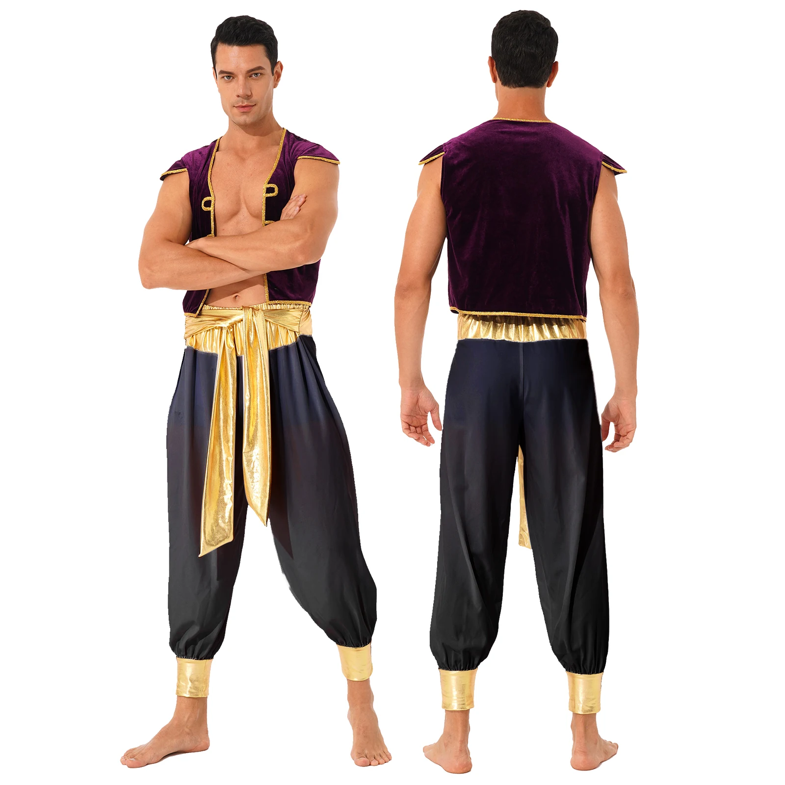 

Men Arabian Prince Role Play Costume Anime Carnival Cosplay Outfits Cap Sleeve Vest Waistcoat with Belted Bloomers Pants