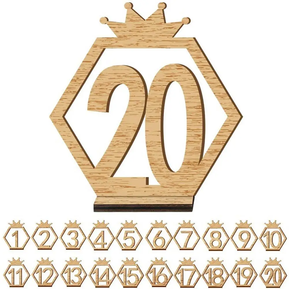 

1set Wooden Table Numbers With Crown 1-20 Double Sided Hexagon Shape Table Numbers With Base For Wedding Party Wholesale