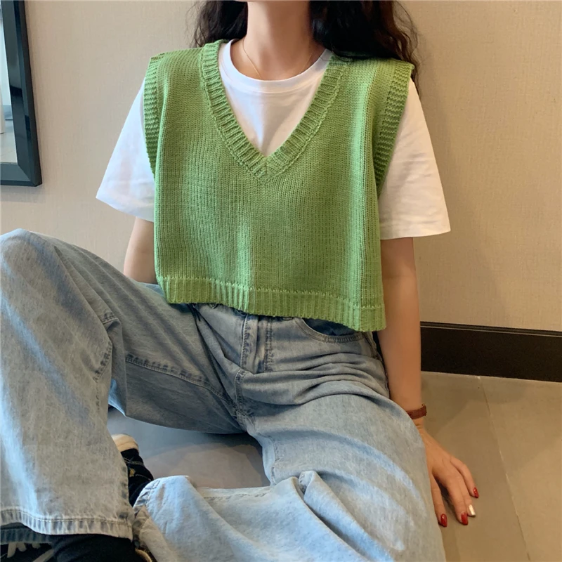 

Twist Knit Pullovers Women V-Neck Knitted Vest 2022 NEW Spring Autumn Sweater Vest Short Female Casual Sleeveless