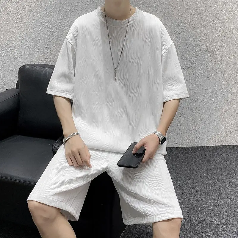 M-5XL Loose Ice Silk Casual Sports Suit Men's Summer Short-sleeved Shorts Straight Pleated Sports Pants Speed Dry 2 Piece Sets