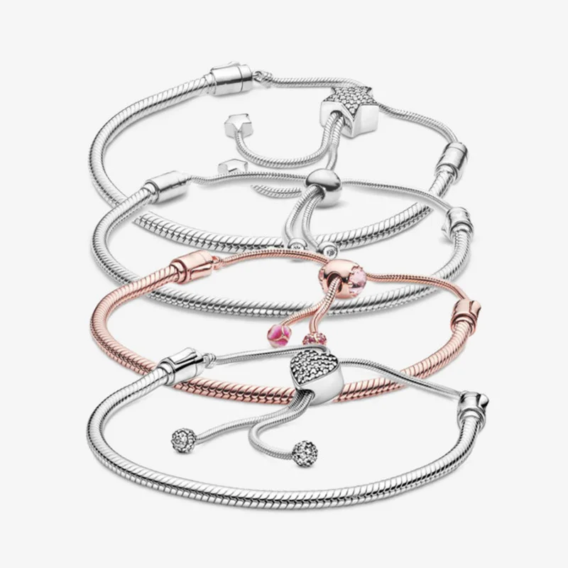 

New Adjustable Star Heart Charms Pan-Style Sterling Silver 925 Women Snake Bracelet Female Fit Original Beads Jewelry Making