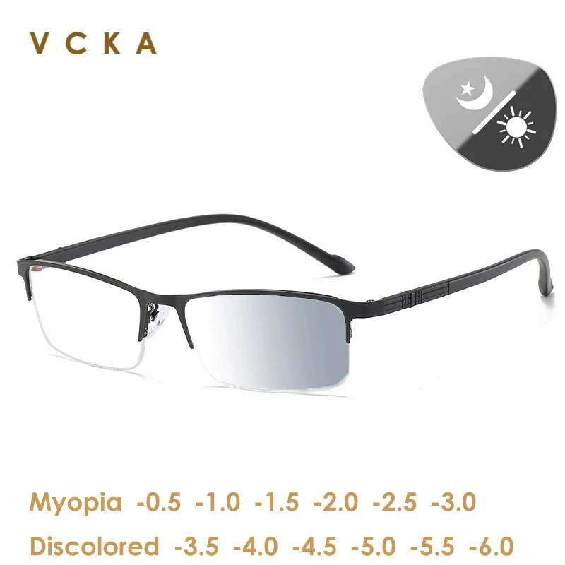 

VCKA Myopia Photochromic Glasses -0.5 To -10 Women Men Half Frame Anti Blue Light Prescription Business Spectacles Nearsighted