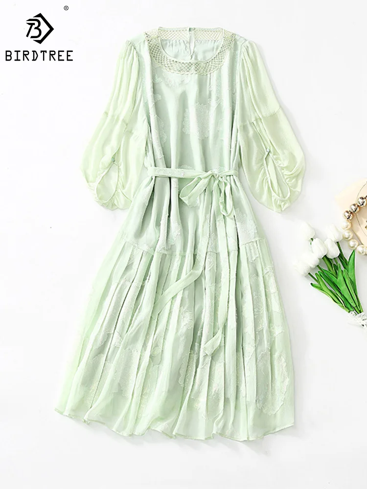 Birdtree 70%Real Silk Vintage Elegant Dresses Women Hollow Out Three Quarter Sleeve Women's Ruffles A-line Dress Summer D37612QM