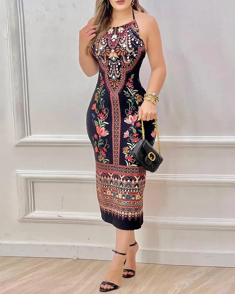 

Halter Backless Tribal Print Dress Women Mini Sexy High Waist Sleeveless Dress Spring Summer