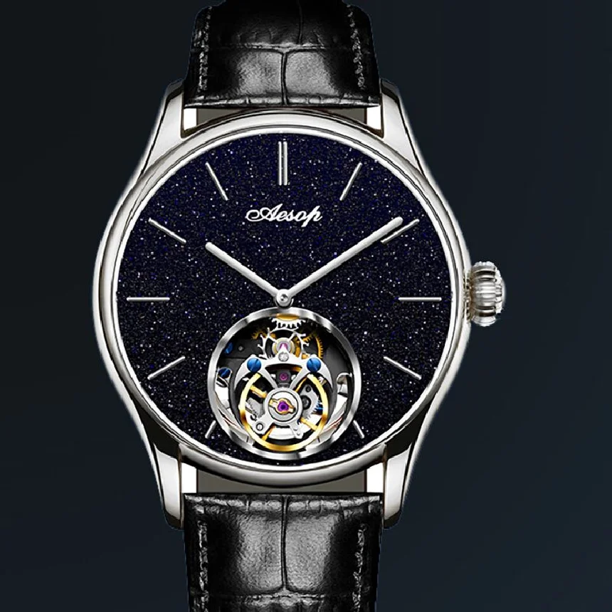 

AESOP Tourbillon Movement Natural Diamond Skeleton Mechanical Watch For Business Men New Waterproof Sapphire Wrist Watches Brand