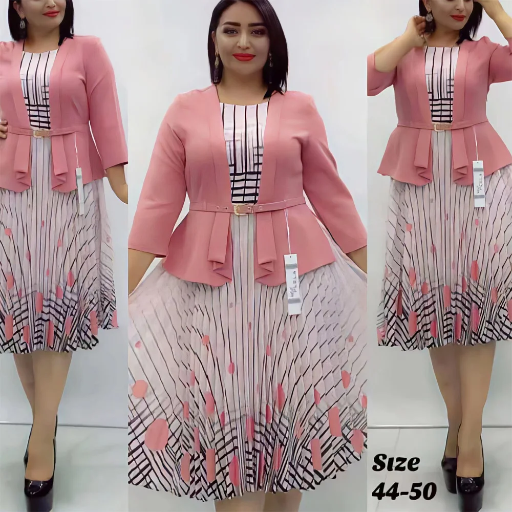 

4XL 5XL Oversized Dresses Women 2023 Round Neck Three Quarter Sleeve With Belt Printed Mid Calf Luxury Business Office Dress New