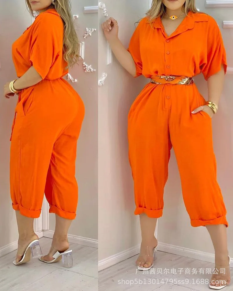 Women's Jumpsuit Summer 2021 New Office Lady Button Up Short Sleeve Jumpsuit with Belt