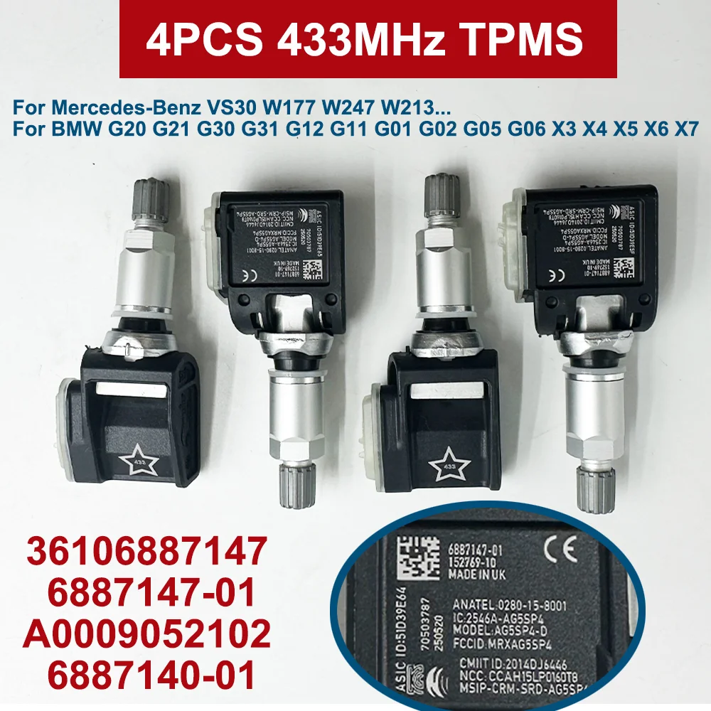 

4 шт. датчик давления в шинах TPMS 433 МГц 36106887147 A0009052102 для Mercedes-Benz VS30 W177 W247 W213 BMW G30 G20 X3 6887147-01