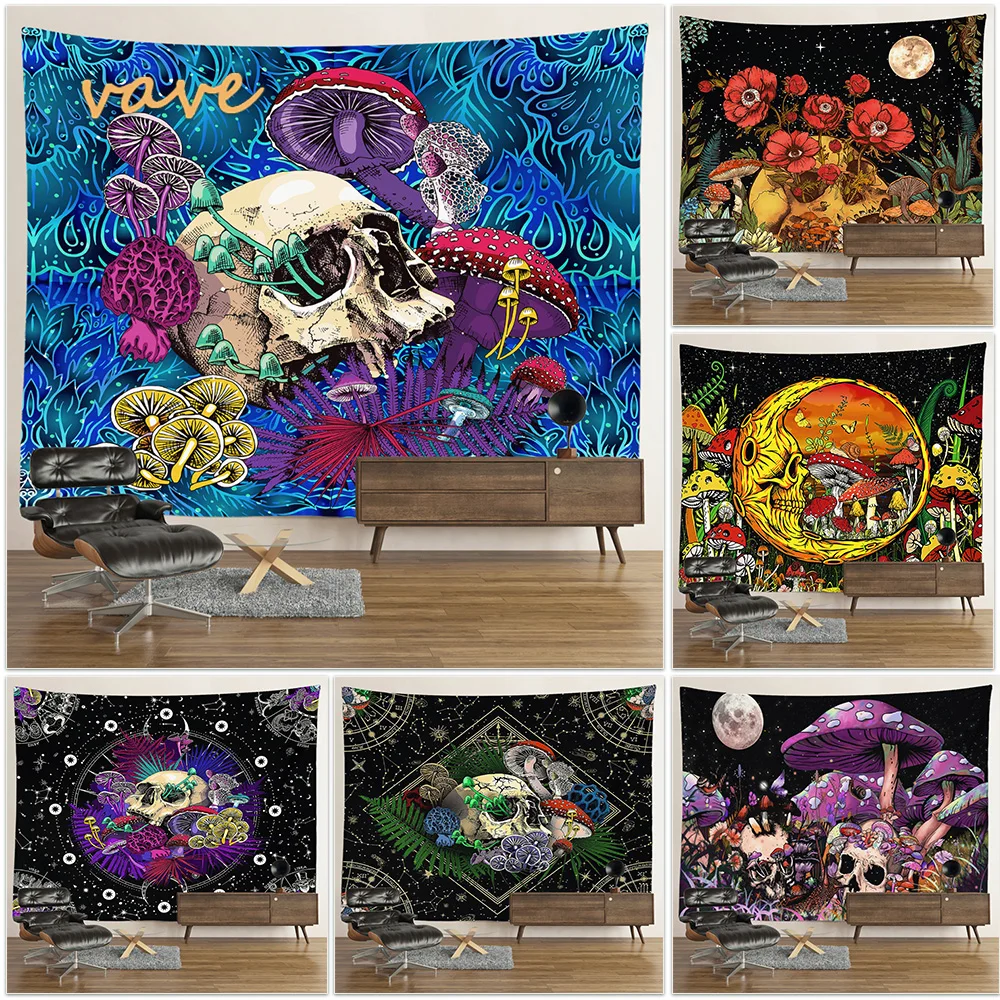 

Psychadelic Skull Flower Tapestry Wall Hanging Boho Hippie Cloth Fabric Large Tapestry Mushroom Aesthetic Dorm Bedroom Decor