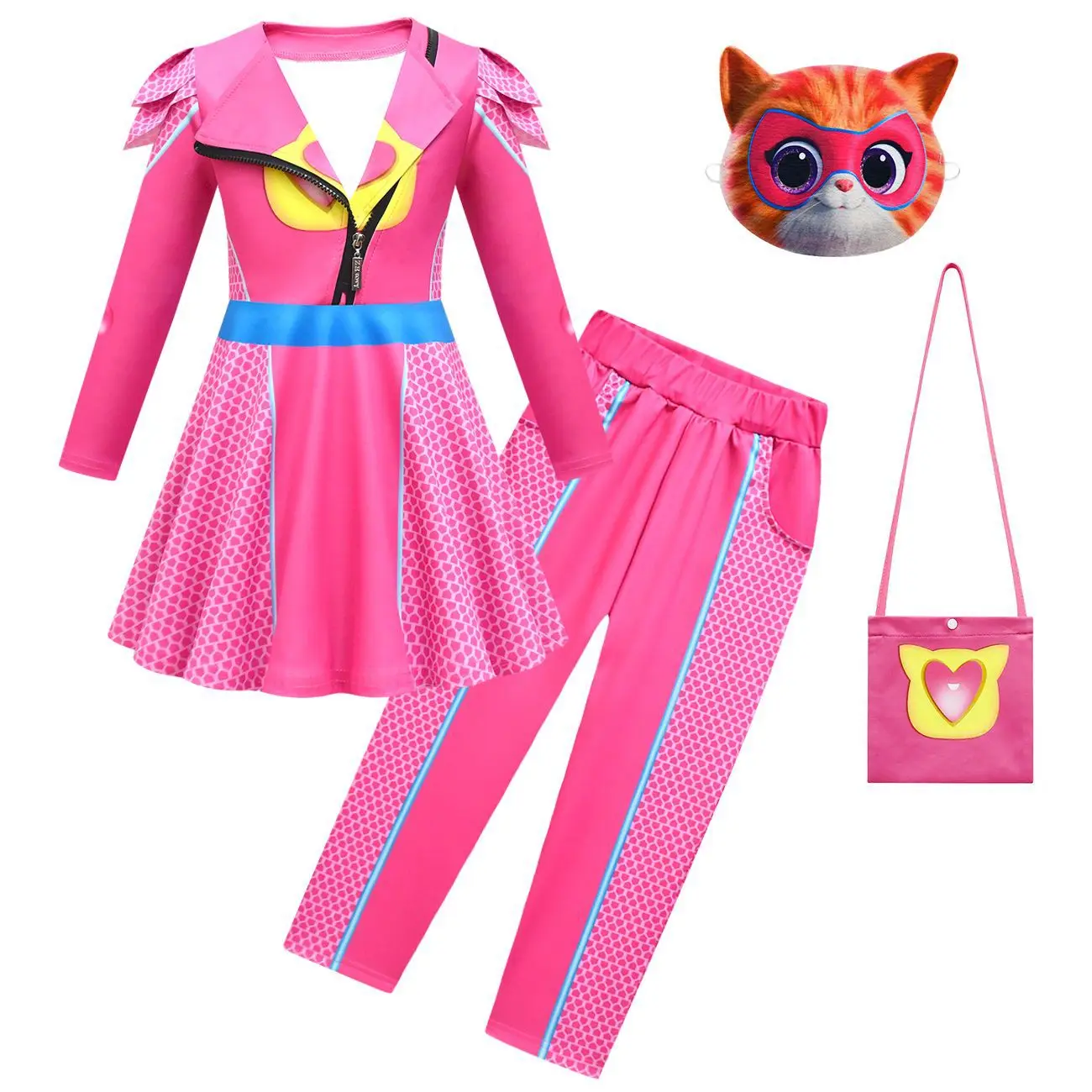 NEW SuperKitties Cosplay Costume Children Girls Super Kitties Anime Clothes Dress+mask Set Kids Carnival Halloween Birthday Gift