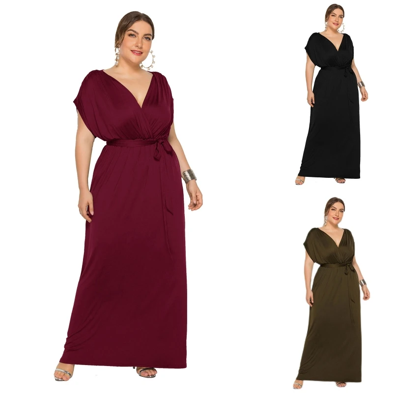 

Women Ruched Batwing Short Sleeve Maxi Long Dress Simple Solid Color Sexy Wrap Deep V-Neck Belted Flare Hem Party Gown